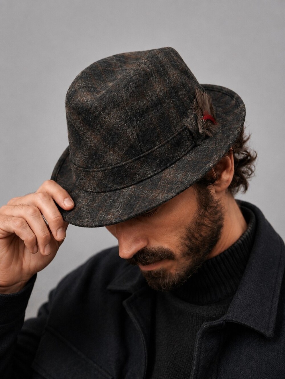 Shandon Of Ireland Brown Plaid Wool Bucket Hat Feather Detail Mens Size Large